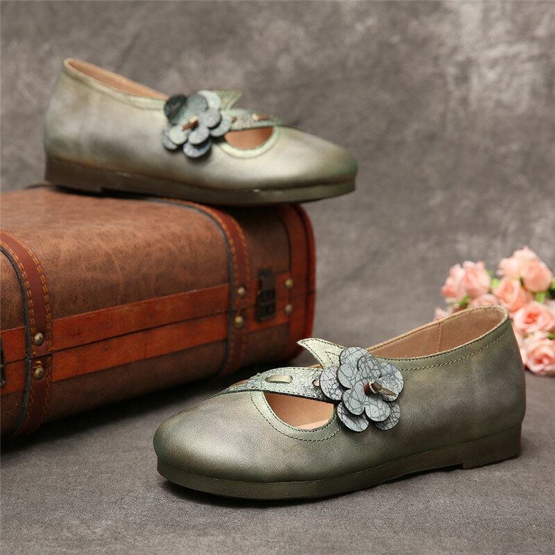 Dam Vintage Handgjorda Mjuka Läderblommiga Remmar Grön Slip On Flat Shoes