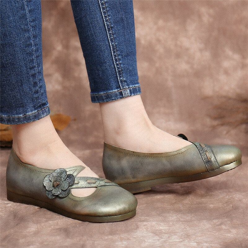 Dam Vintage Handgjorda Mjuka Läderblommiga Remmar Grön Slip On Flat Shoes