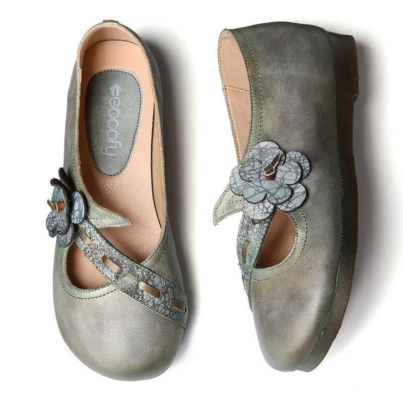 Dam Vintage Handgjorda Mjuka Läderblommiga Remmar Grön Slip On Flat Shoes