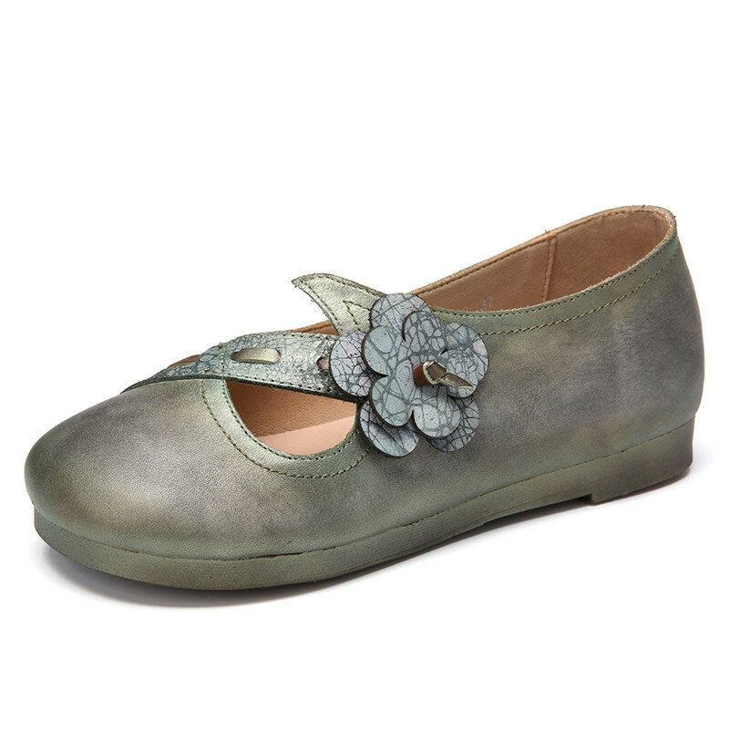 Dam Vintage Handgjorda Mjuka Läderblommiga Remmar Grön Slip On Flat Shoes