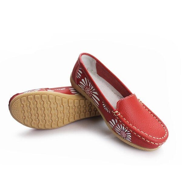 Damer Flats Skor Bekväma Slip-on Mjuk Casual Blomma Blommig Läder Loafers Flats Skor