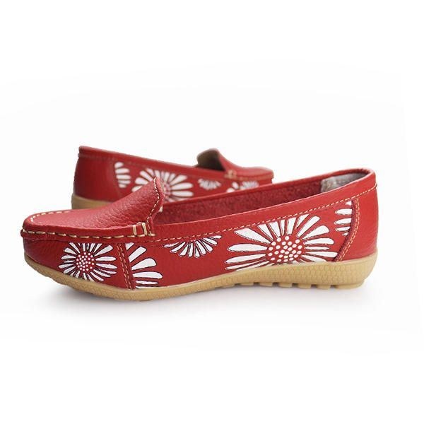 Damer Flats Skor Bekväma Slip-on Mjuk Casual Blomma Blommig Läder Loafers Flats Skor