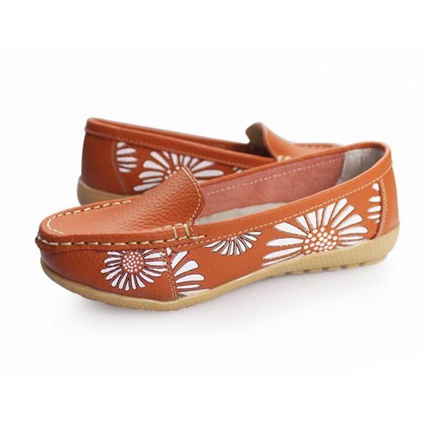 Damer Flats Skor Bekväma Slip-on Mjuk Casual Blomma Blommig Läder Loafers Flats Skor