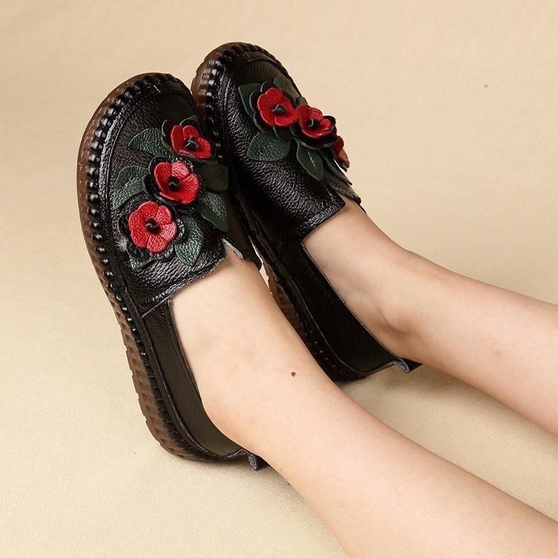 Damer I Äkta Läder Mjuk Sula Bekväma Flower Flats Loafer