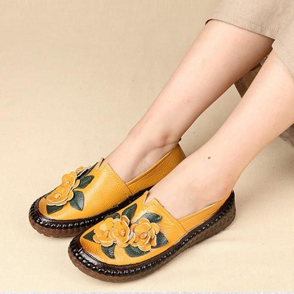 Damer I Äkta Läder Mjuk Sula Bekväma Flower Flats Loafer