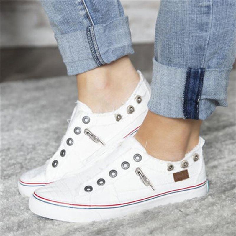 Damer Plus Size Dragkedja Dekoration Slip On Canvas Enfärgad Casual Dagliga Lägenheter