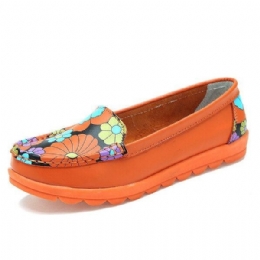 Dammode Casual Bekväm Mjuk Andas Blomläder Rund Toe Platt Loafer Skor