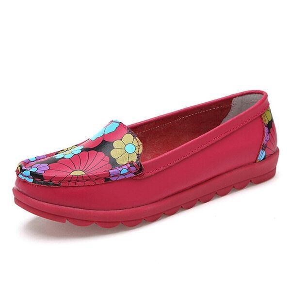 Dammode Casual Bekväm Mjuk Andas Blomläder Rund Toe Platt Loafer Skor