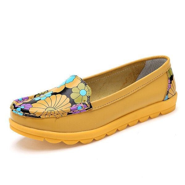 Dammode Casual Bekväm Mjuk Andas Blomläder Rund Toe Platt Loafer Skor