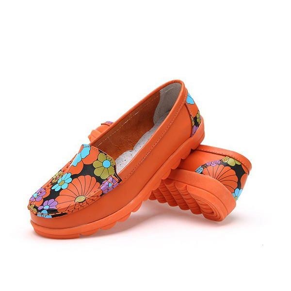 Dammode Casual Bekväm Mjuk Andas Blomläder Rund Toe Platt Loafer Skor