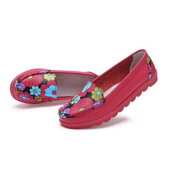 Dammode Casual Bekväm Mjuk Andas Blomläder Rund Toe Platt Loafer Skor