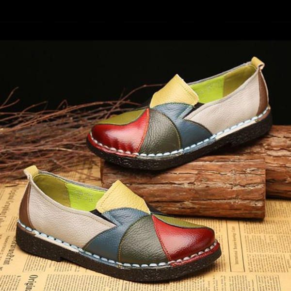 Handgjorda Casual Läder Mjuk Flat Loafers Dam Skor Splicing Flats