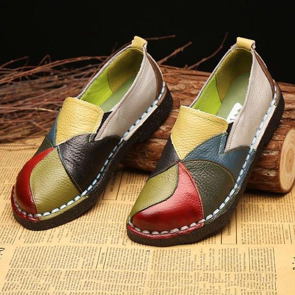 Handgjorda Casual Läder Mjuk Flat Loafers Dam Skor Splicing Flats