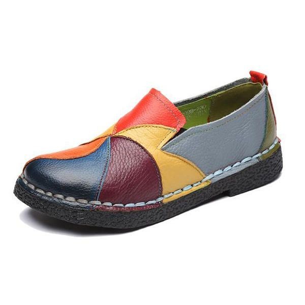 Handgjorda Casual Läder Mjuk Flat Loafers Dam Skor Splicing Flats