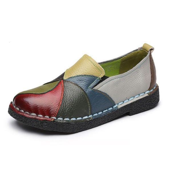 Handgjorda Casual Läder Mjuk Flat Loafers Dam Skor Splicing Flats