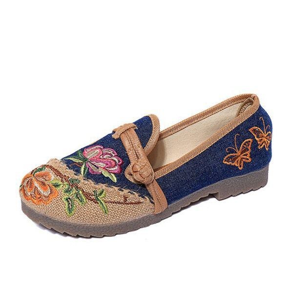 Kinesisk Blomma Broderade Retro Slip-on Skor Med Rund Tå