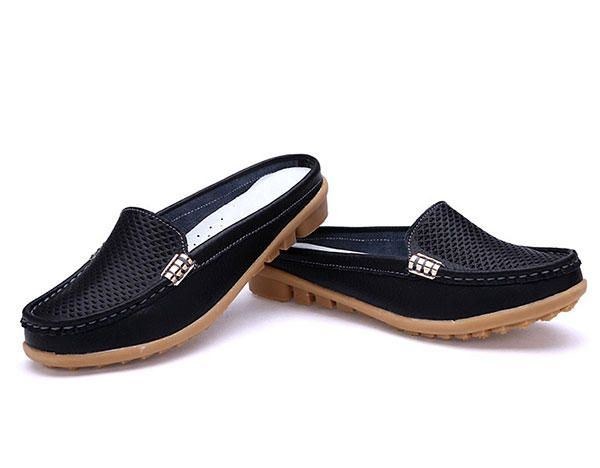 Nya Kvinnor Casual Fashion Andas Rund Tå Slip-on Läder Platta Sandaler Skor