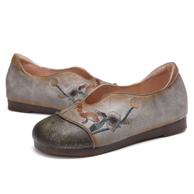 Retro Blommor För Kvinnor Broderi Bekvämt Mjukt Läder Slip On Flat Shoes