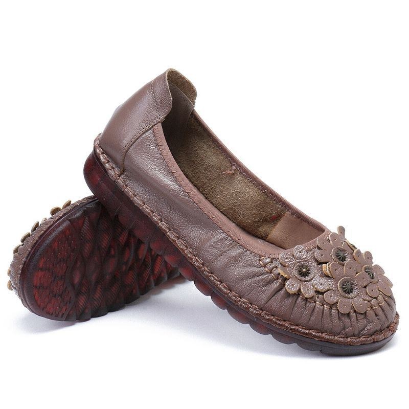 Retro Blommor Inredning För Kvinnor Bekvämt Läder Halkfri Mjuk Sula Casual Slip-on Platta Skor