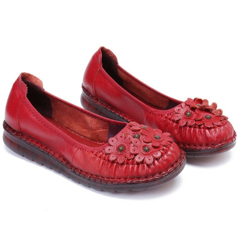 Retro Blommor Inredning För Kvinnor Bekvämt Läder Halkfri Mjuk Sula Casual Slip-on Platta Skor