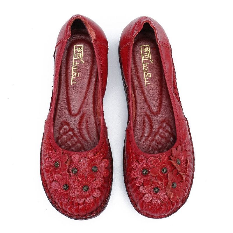 Retro Blommor Inredning För Kvinnor Bekvämt Läder Halkfri Mjuk Sula Casual Slip-on Platta Skor