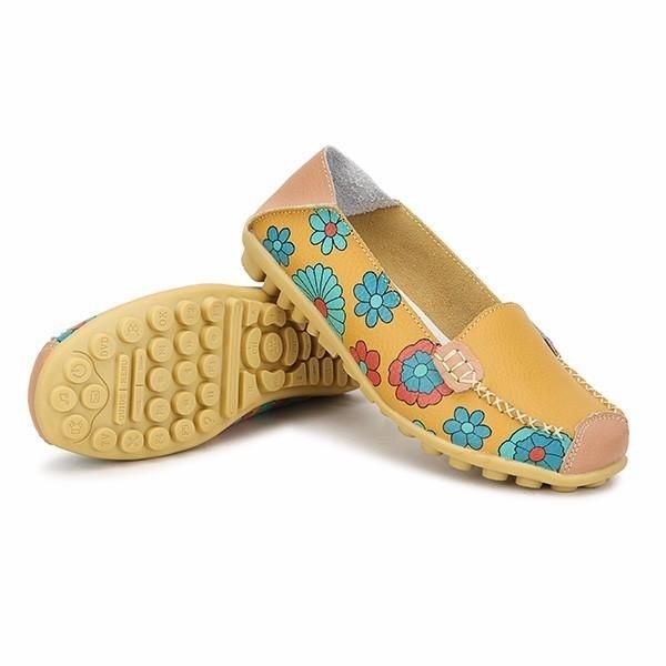 Stor Storlek Kvinnor Blomma Blommor Läder Loafers Mockasiner Flats Mjuka Balettskor Rund Tå Flats