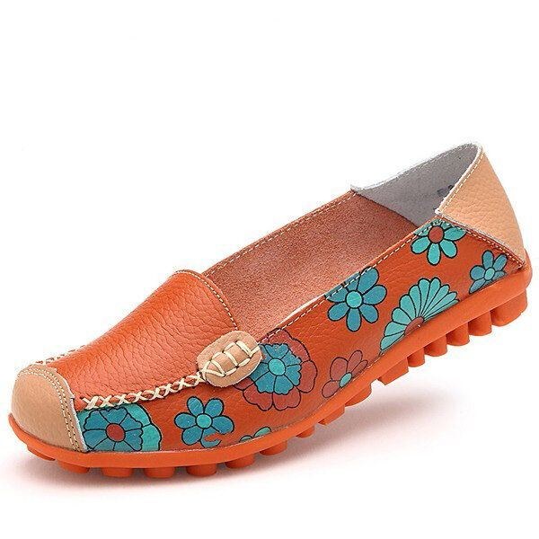 Stor Storlek Kvinnor Blomma Blommor Läder Loafers Mockasiner Flats Mjuka Balettskor Rund Tå Flats