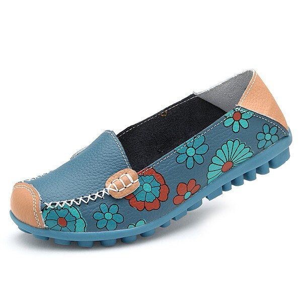 Stor Storlek Kvinnor Blomma Blommor Läder Loafers Mockasiner Flats Mjuka Balettskor Rund Tå Flats