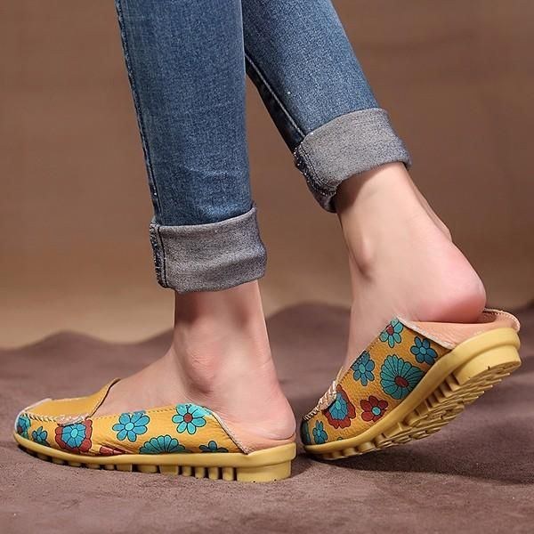 Stor Storlek Kvinnor Blomma Blommor Läder Loafers Mockasiner Flats Mjuka Balettskor Rund Tå Flats