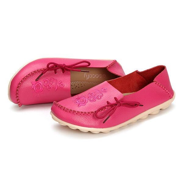 Stor Storlek Rose Broderad Rund Toe Damer Casual Mjuka Platta Loafers