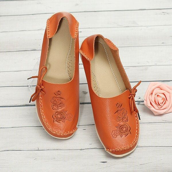 Stor Storlek Rose Broderad Rund Toe Damer Casual Mjuka Platta Loafers