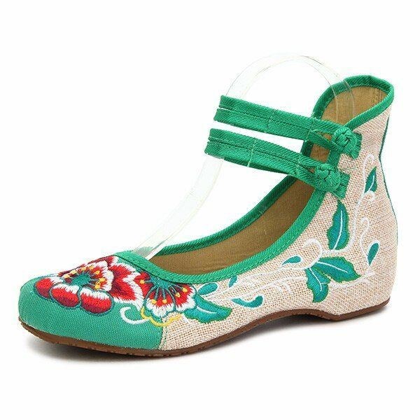 Stora Kvinnor Mary Janes Kinesiska Broderade Blommor Platta Skor Linne Loafers