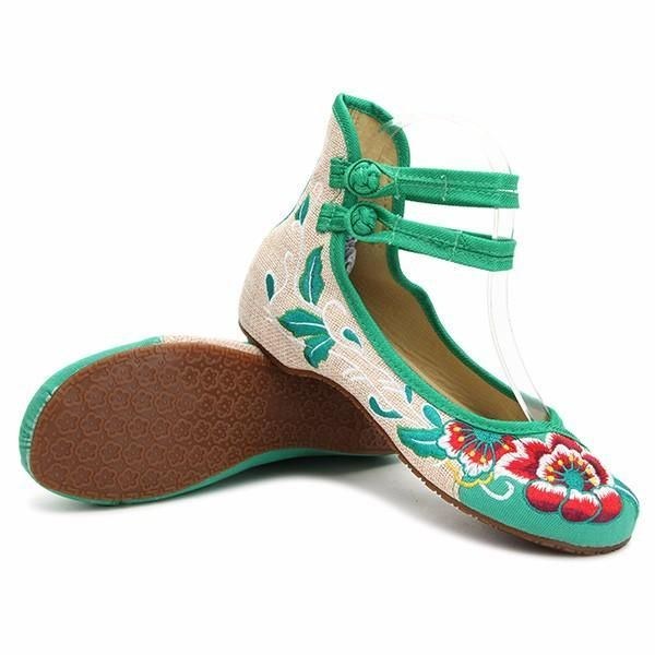 Stora Kvinnor Mary Janes Kinesiska Broderade Blommor Platta Skor Linne Loafers