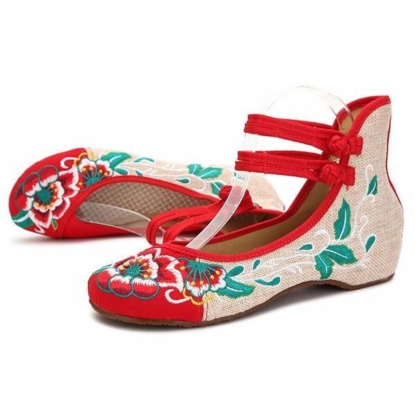 Stora Kvinnor Mary Janes Kinesiska Broderade Blommor Platta Skor Linne Loafers