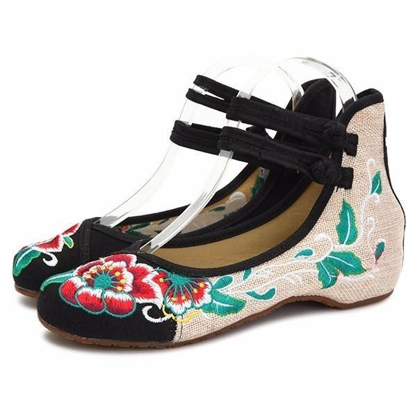 Stora Kvinnor Mary Janes Kinesiska Broderade Blommor Platta Skor Linne Loafers