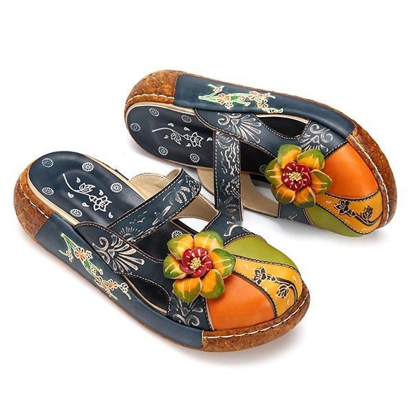 Vintage Färgglat Läder Hollow Out Backless Flower Shoes Dam Loafers