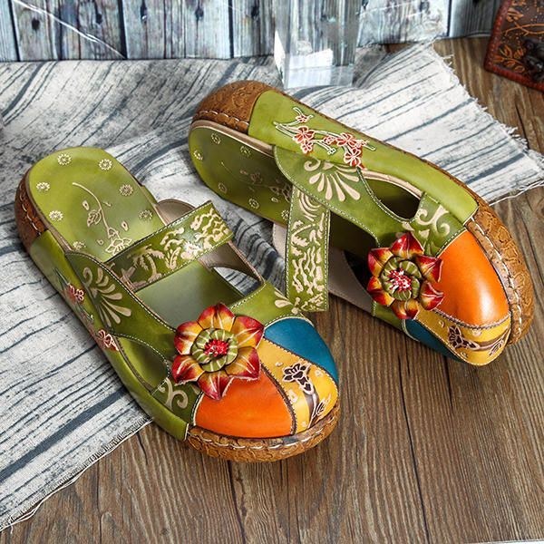 Vintage Färgglat Läder Hollow Out Backless Flower Shoes Dam Loafers