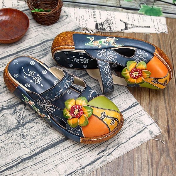 Vintage Färgglat Läder Hollow Out Backless Flower Shoes Dam Loafers