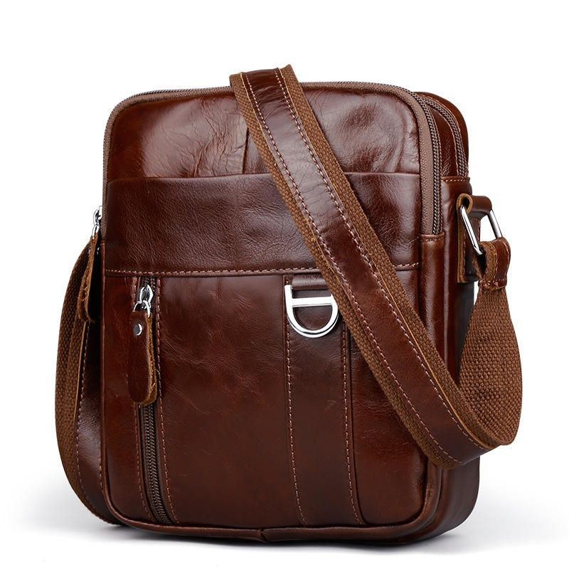 Brunt Axelväska I Äkta Läder Herr Messenger Crossbody Portfölj Sling Bag För Ipad Mini