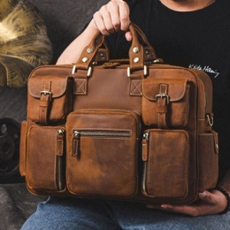 Herr Äkta Läder Avtagbar Rem Stor Multi-fick 15.6 Tums Bärbar Datorväska Portfölj Messenger Bag Crossbody-väskor