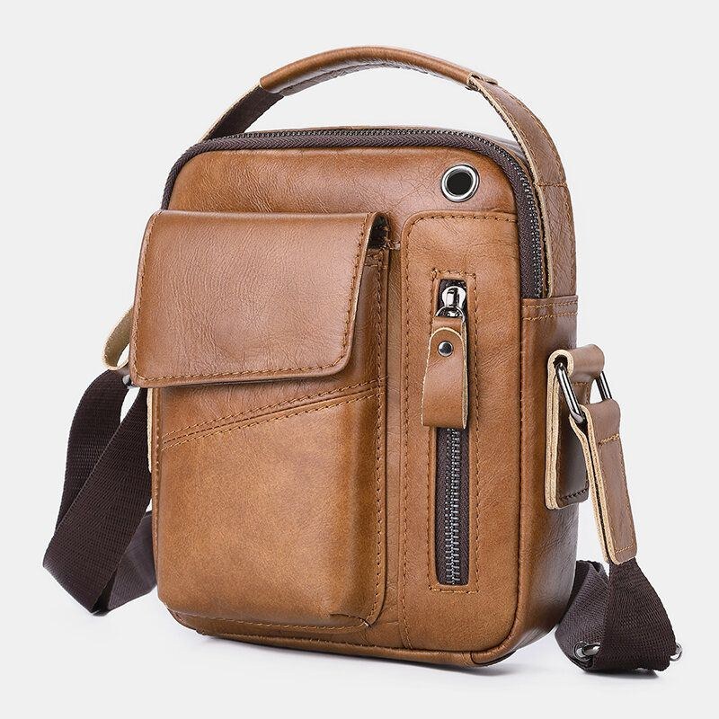 Herr Äkta Läder Flerficks Hörlurshål Vintage 6.5 Tums Telefonväska Crossbody-väska Axelväska Messenger Portfölj