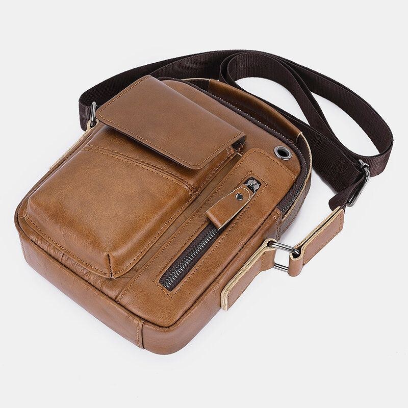 Herr Äkta Läder Flerficks Hörlurshål Vintage 6.5 Tums Telefonväska Crossbody-väska Axelväska Messenger Portfölj