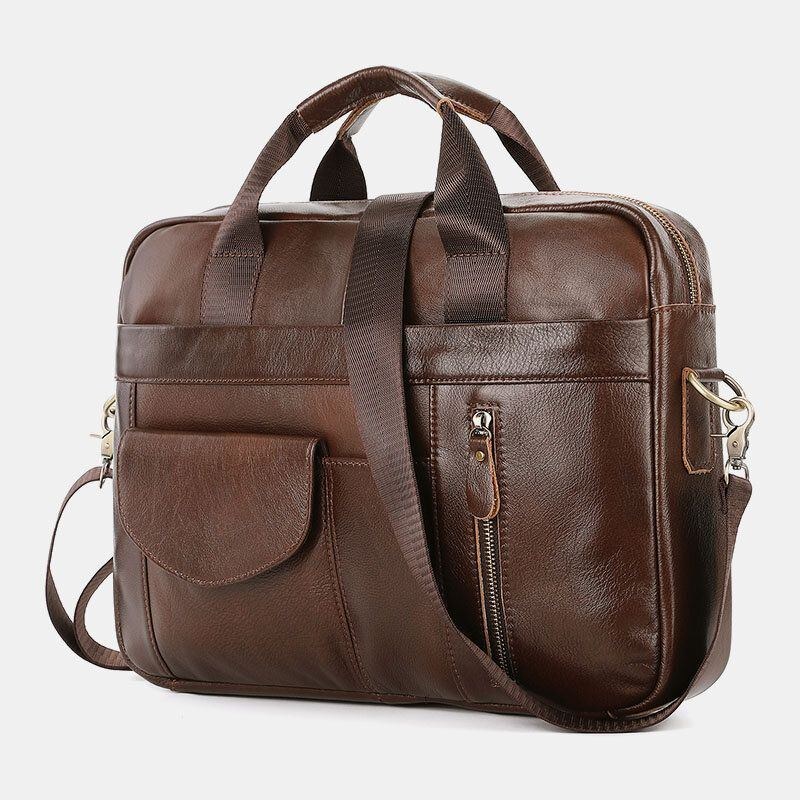 Herr Äkta Läder Multi-pocket Vintage 14 Tums Bärbar Datorväska Portföljer Crossbody Väska Axelväska Handväska