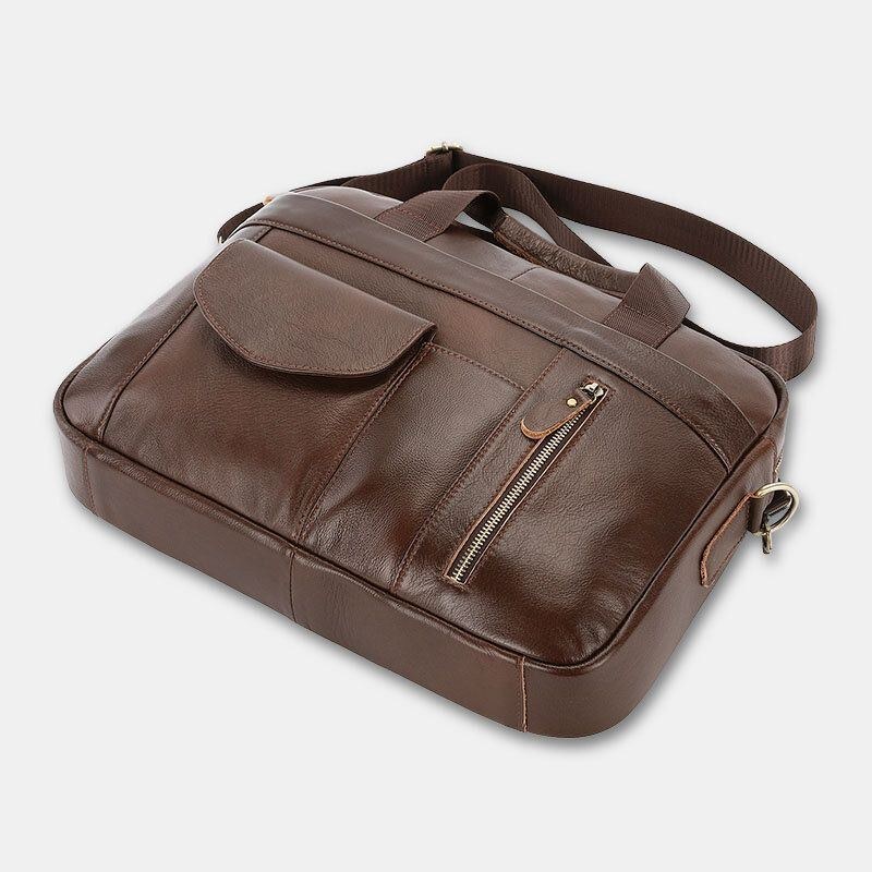 Herr Äkta Läder Multi-pocket Vintage 14 Tums Bärbar Datorväska Portföljer Crossbody Väska Axelväska Handväska