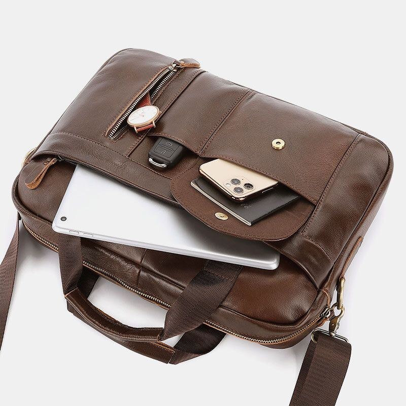 Herr Äkta Läder Multi-pocket Vintage 14 Tums Bärbar Datorväska Portföljer Crossbody Väska Axelväska Handväska