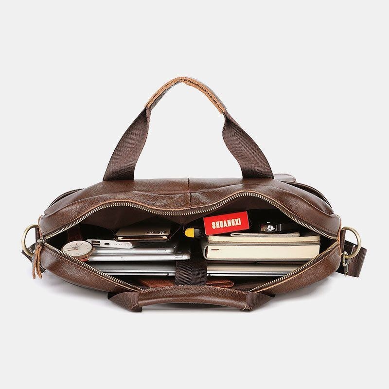 Herr Äkta Läder Multi-pocket Vintage 14 Tums Bärbar Datorväska Portföljer Crossbody Väska Axelväska Handväska