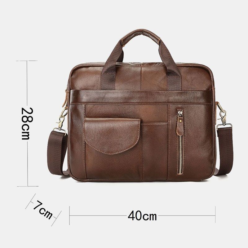 Herr Äkta Läder Multi-pocket Vintage 14 Tums Bärbar Datorväska Portföljer Crossbody Väska Axelväska Handväska