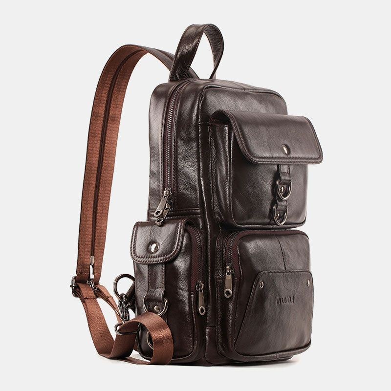 Herr Äkta Läder Multifunktion Multi-carry Outdoor Travel Cowhide Crossbody Bag Ryggsäck