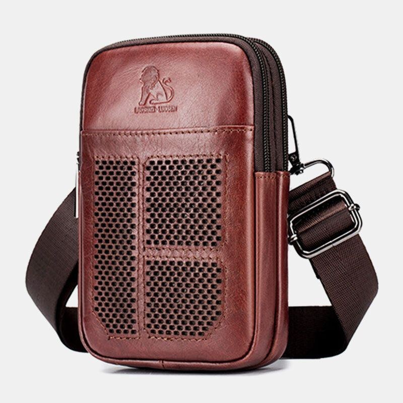 Herr Äkta Läder Retro Business Casual Enfärgad Läder Kohud Multi-carry Midjeväska Crossbody-väska