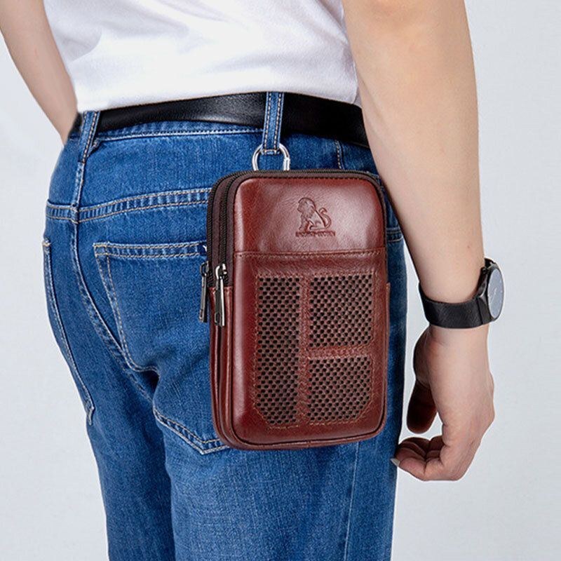 Herr Äkta Läder Retro Business Casual Enfärgad Läder Kohud Multi-carry Midjeväska Crossbody-väska